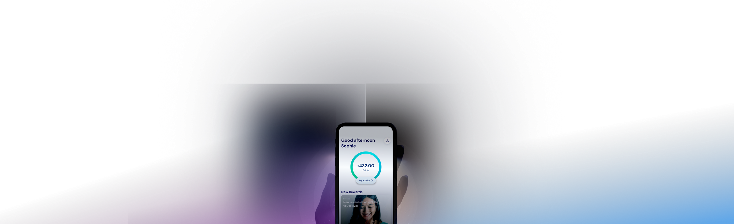 A glowing smartphone showing the Gener8 rewards app, floating in front of an ambient purple-to-blue light