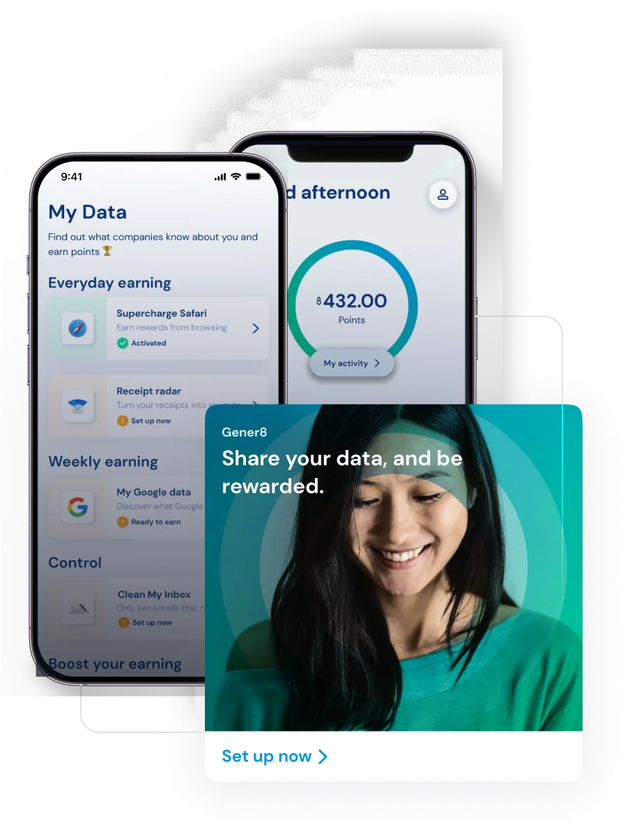 The Gener8 app's My Data screen, alongside a prompt to share your data and be rewarded